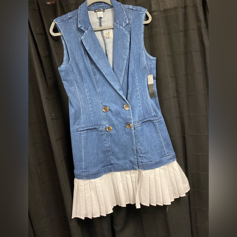 VENUS Denim Mini Dress with Pleated White Hem